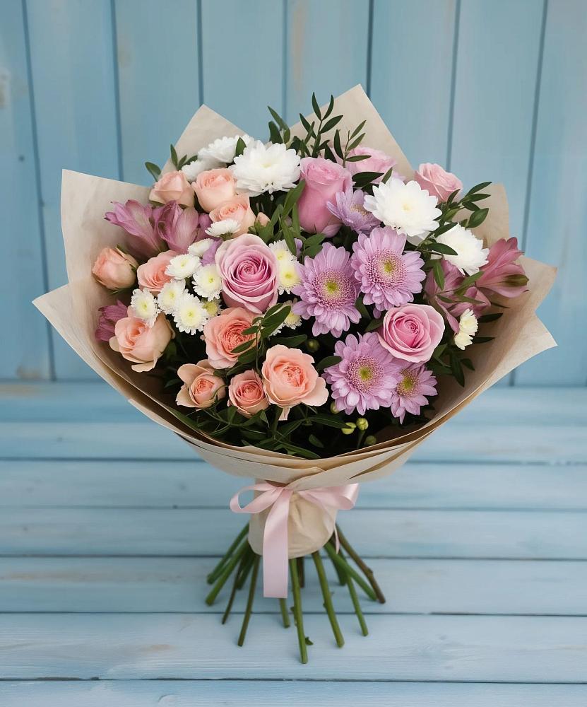 Букет цветов из: Хризантемы, Розы и Альстромерии в Северном Новосибирской области