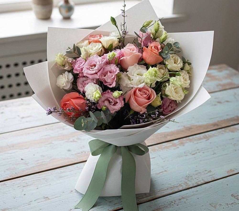 Букет цветов из: Розы, Лизиантусы и Гвоздики в Северном Новосибирской области