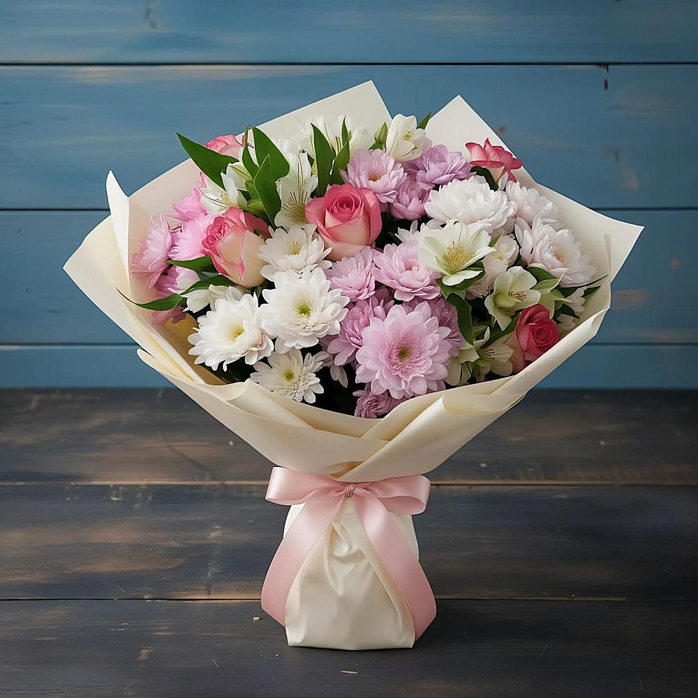 Букет цветов из: Хризантемы, Альстромерии и Розы в Северном Новосибирской области